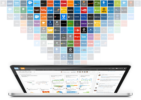 Laptop displaying data analytics dashboard with colorful logos of various business and technology apps emerging above it.