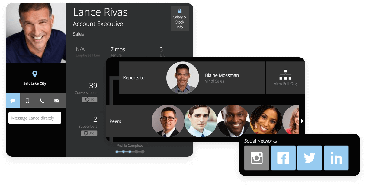 Employee profile of Lance Rivas, Account Executive in Sales based in Salt Lake City, showing tenure of 7 months, 39 conversations, 2 subscribers, reporting to Blaine Mossman, VP of Sales, with peers and social media icons for Instagram, Facebook, Twitter, and LinkedIn.