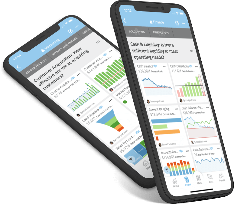 Two smartphones displaying business dashboard apps with charts and metrics on customer acquisition and cash liquidity.