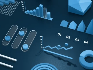 3D blue data visualization elements including bar charts, line graph, pie chart, sliders, and geometric shapes on a dark background.