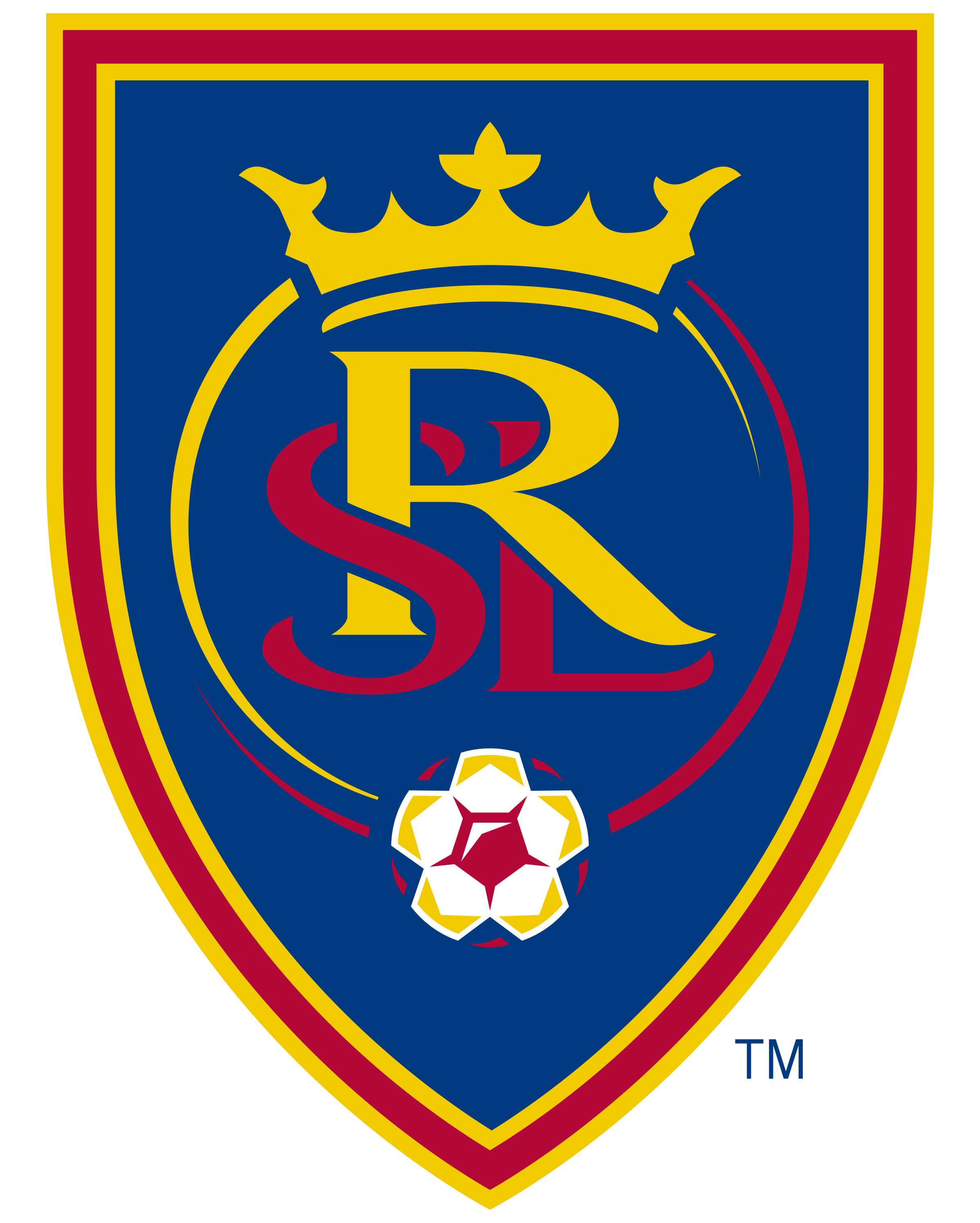 Real Salt Lake soccer team shield logo with gold crown above yellow and red intertwined letters RSL and a stylized soccer ball at the bottom center on a blue background with red and gold borders.