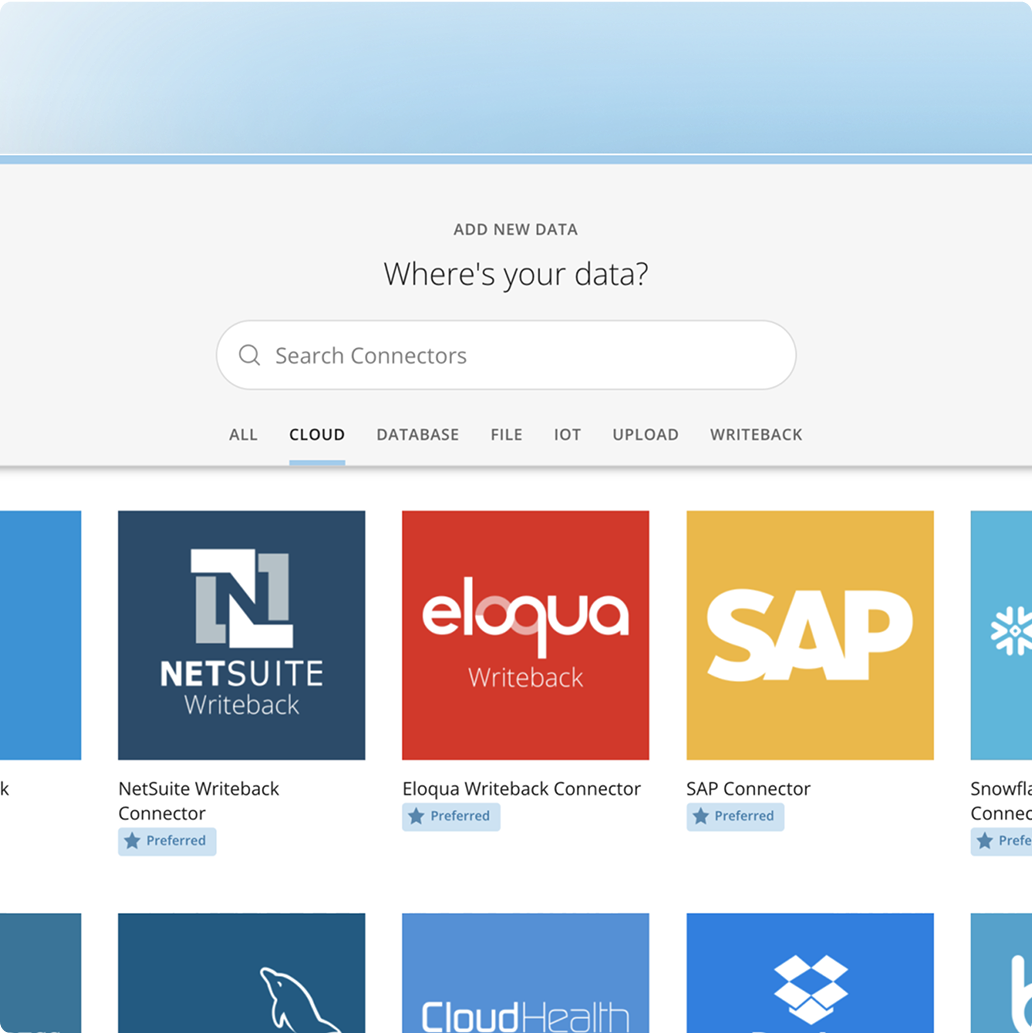 Tableau interface showing the 'Add New Data' screen with a search bar and tabs for data sources, highlighting cloud connectors including NetSuite Writeback, Eloqua Writeback, and SAP Connector.