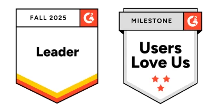 Two G2 badges side by side: left one labeled Fall 2025 Leader with layered orange and red stripes at the bottom, right one labeled Milestone Users Love Us with three red stars below.