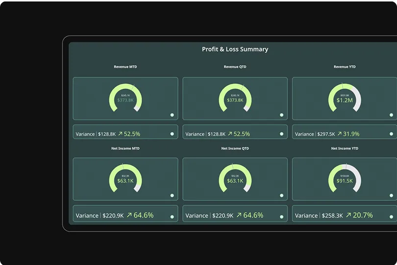 Profit and Loss Summary dashboard showing Revenue and Net Income for MTD, QTD, and YTD with values and positive variances indicated.