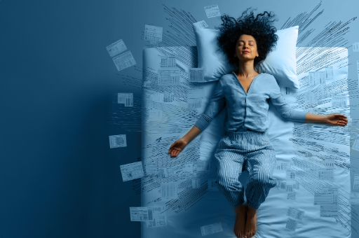 Woman in blue pajamas lying on bed with eyes closed, surrounded by floating documents and data lines.