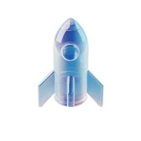 Blue translucent rocket icon with fins inside a white circular background.