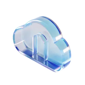 Translucent blue 3D cloud icon with rounded edges on a white circular background.