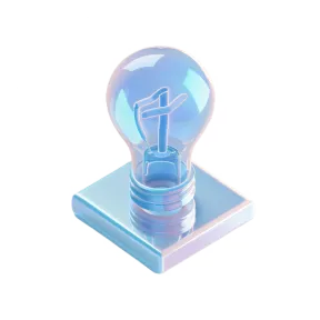 3D rendering of a transparent light bulb placed on a reflective square base with a soft blue and purple gradient.