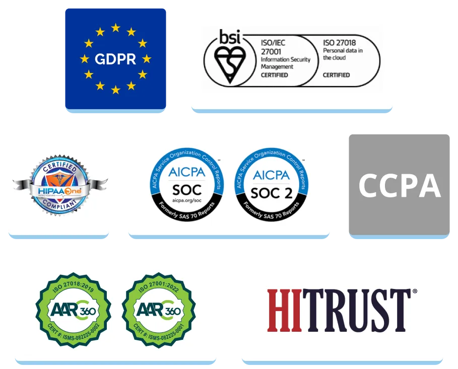 Collection of security and privacy certification logos including GDPR, BSI ISO 27001 and ISO 27018, HIPAA One compliance, AICPA SOC 1 and SOC 2, CCPA, AAR360 ISO 27018:2019 and ISO 27001:2022 certifications, and HITRUST.
