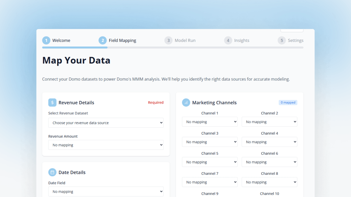 User interface screen showing field mapping step with sections for selecting revenue dataset, revenue amount, date field, and marketing channels mapping for multiple channels.