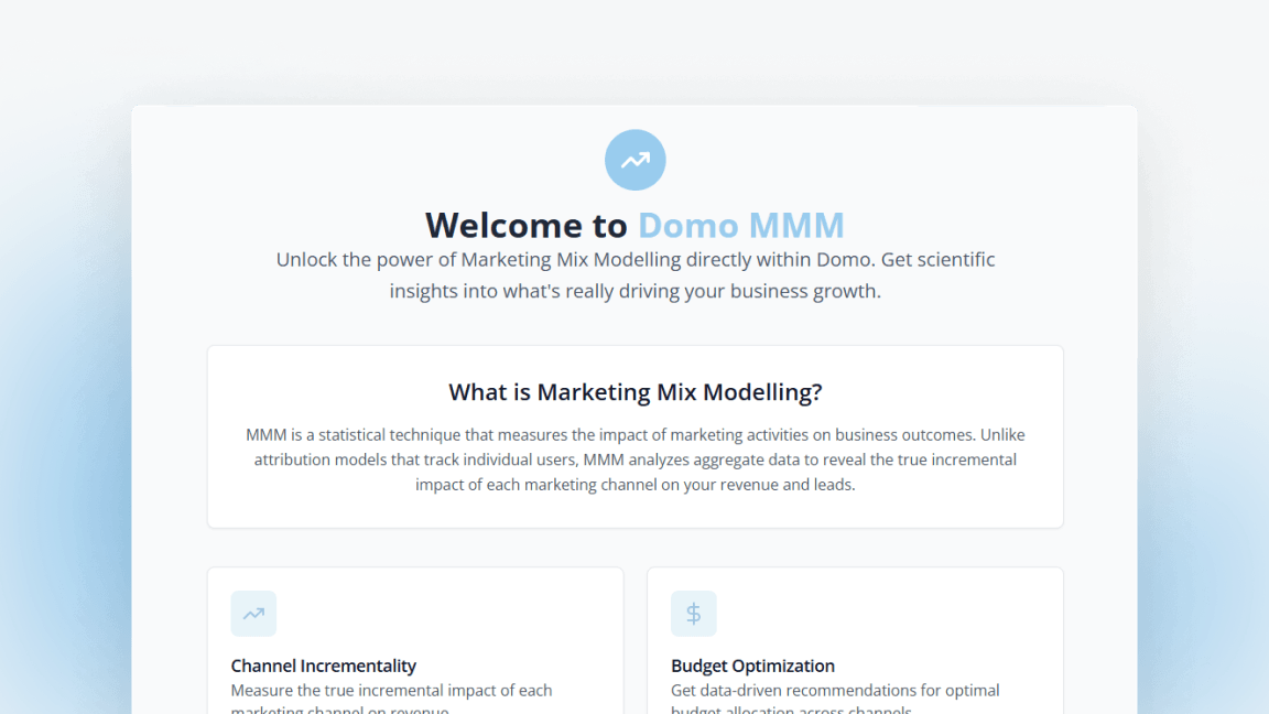 Welcome screen for Domo MMM marketing mix modeling tool explaining its purpose and benefits, including channel incrementality and budget optimization.