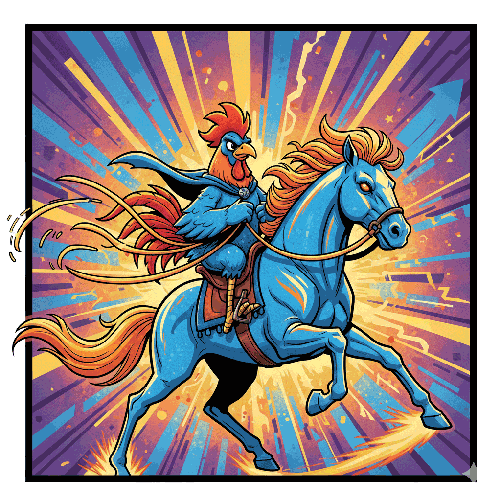 Illustration of a blue rooster wearing a cape riding a blue horse with fiery orange mane, set against a vibrant explosion background.