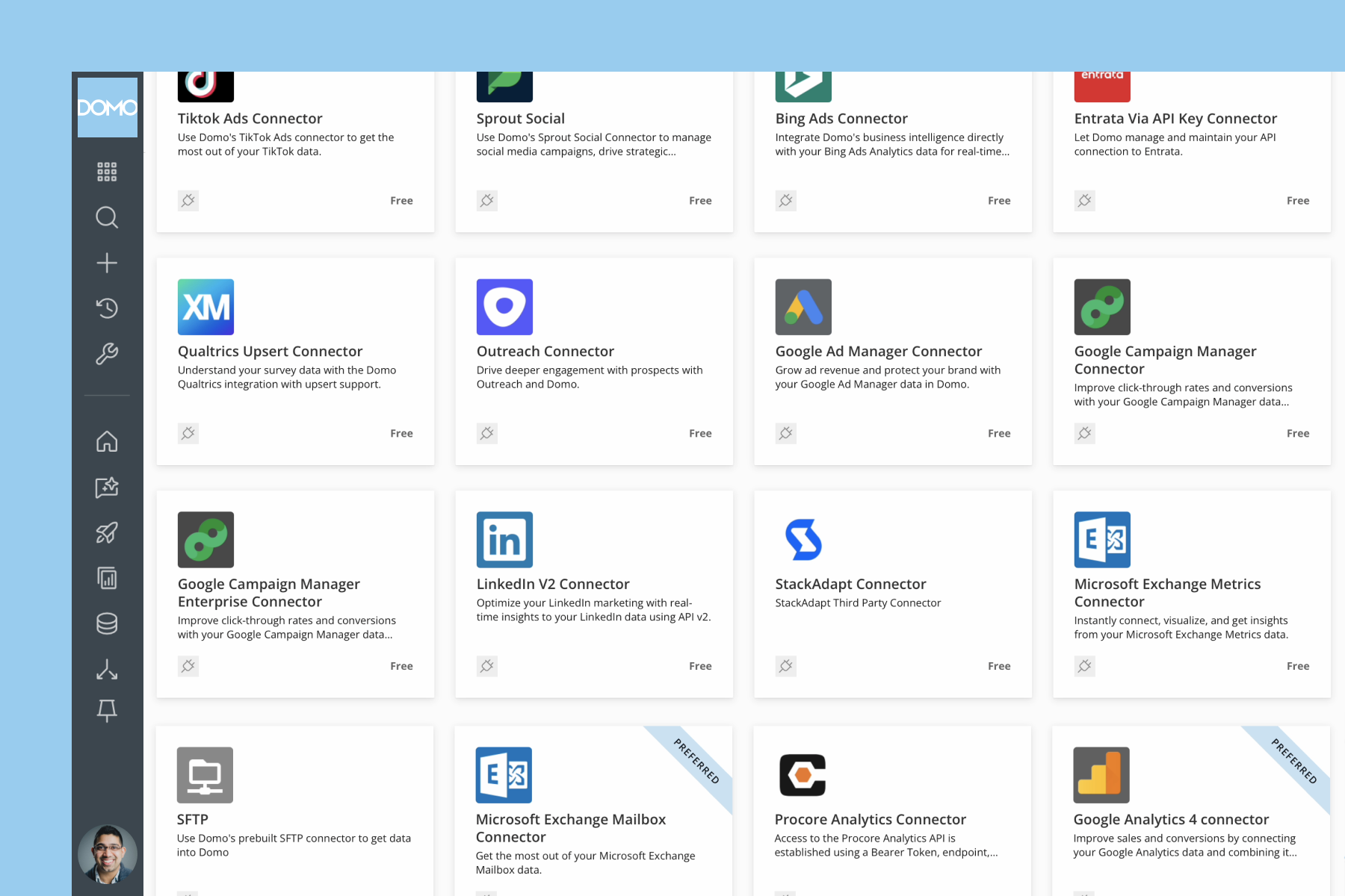 Dashboard showing various connectors and analytics integrations including TikTok Ads, Sprout Social, Bing Ads, Entrata API, Qualtrics, Outreach, Google Ad Manager, Google Campaign Manager, LinkedIn V2, StackAdapt, Microsoft Exchange Metrics and Mailbox, SFTP, Procore Analytics, and Google Analytics 4.