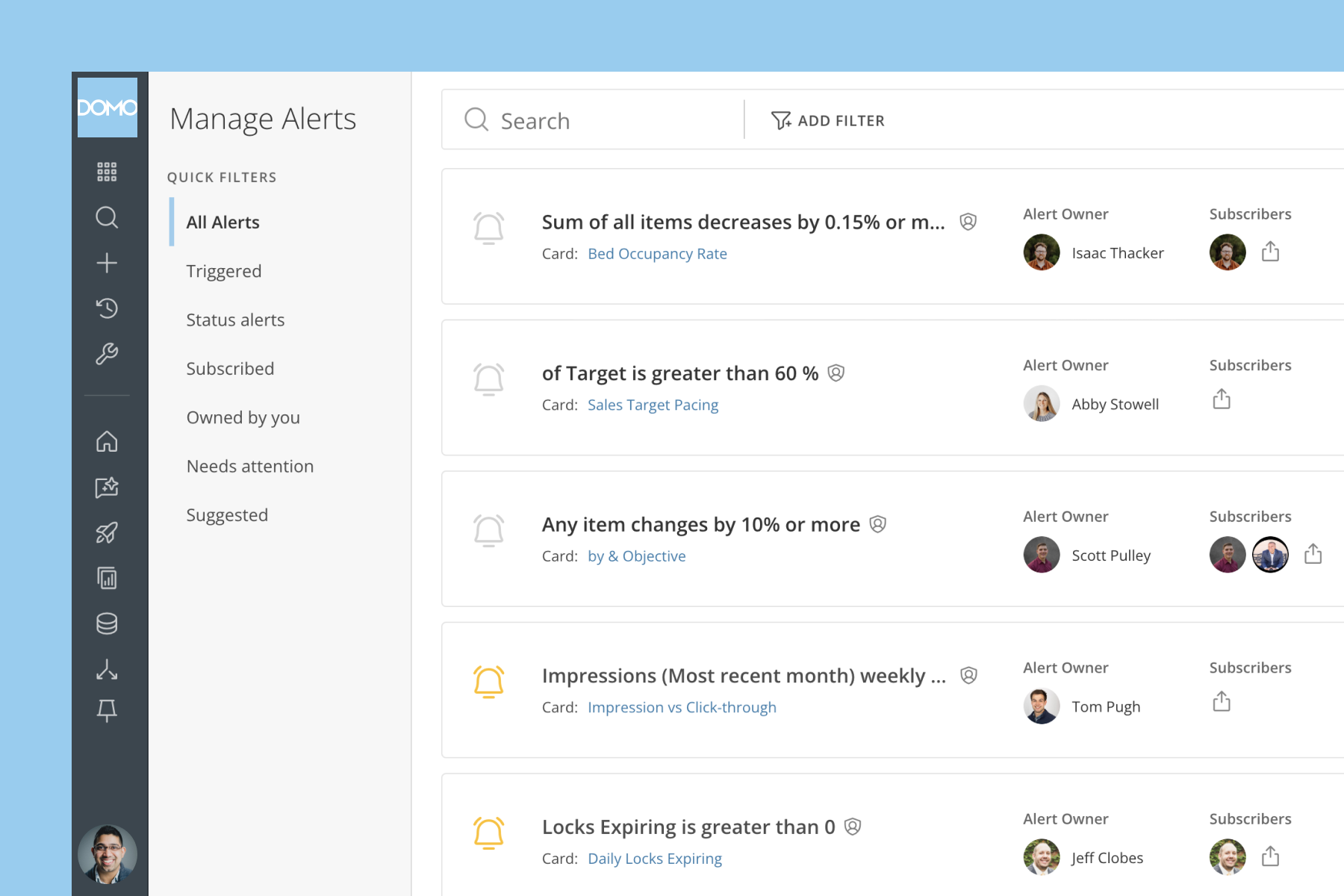 Dashboard screen showing alert management in DOMO with filters and a list of alerts including owners and subscribers.