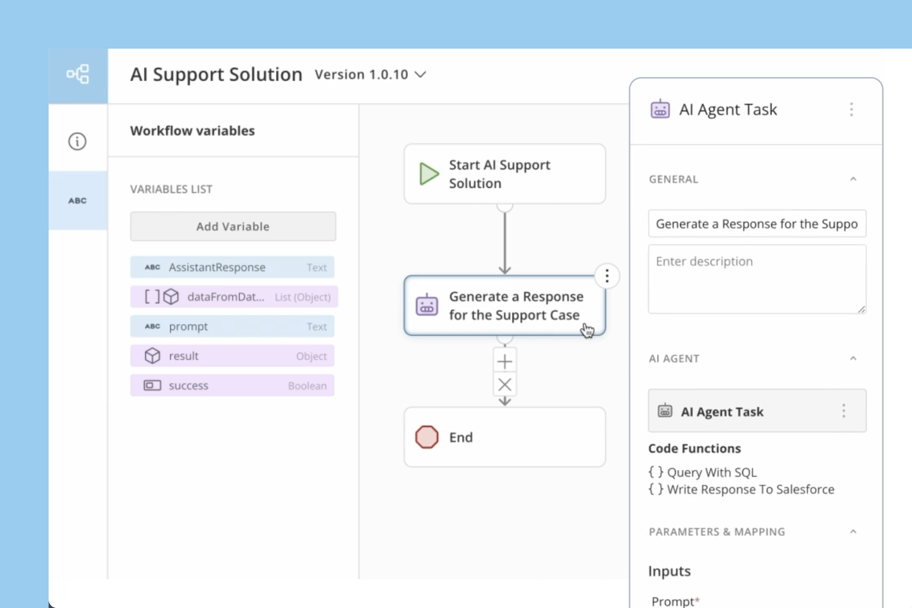 AI Support Solution interface showing workflow variables, a flowchart with steps 'Start AI Support Solution,' 'Generate a Response for the Support Case,' and 'End,' and an AI Agent Task panel with code functions and parameters.