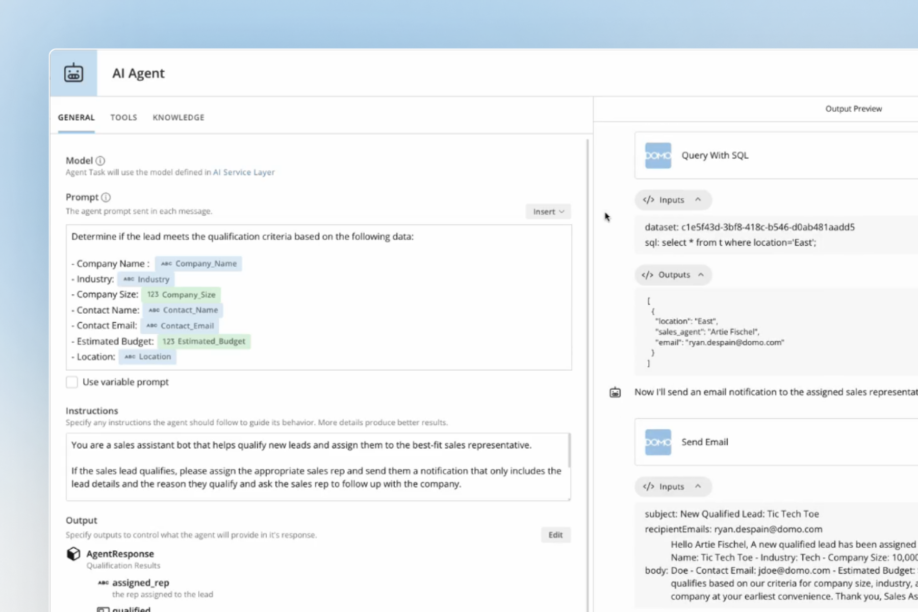 AI Agent interface showing a sales assistant bot configuration with prompts for qualifying leads and SQL query for leads in the East location, plus email notification details.