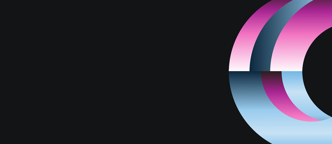 Abstract circular graphic design with overlapping rings in shades of pink, blue, and dark teal on a black background.