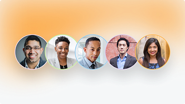 Portraits of five diverse professionals smiling, arranged in circular frames on a gradient orange and gray background.