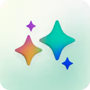 Three colorful sparkle or star shapes in purple, orange, teal, and blue on a light background.