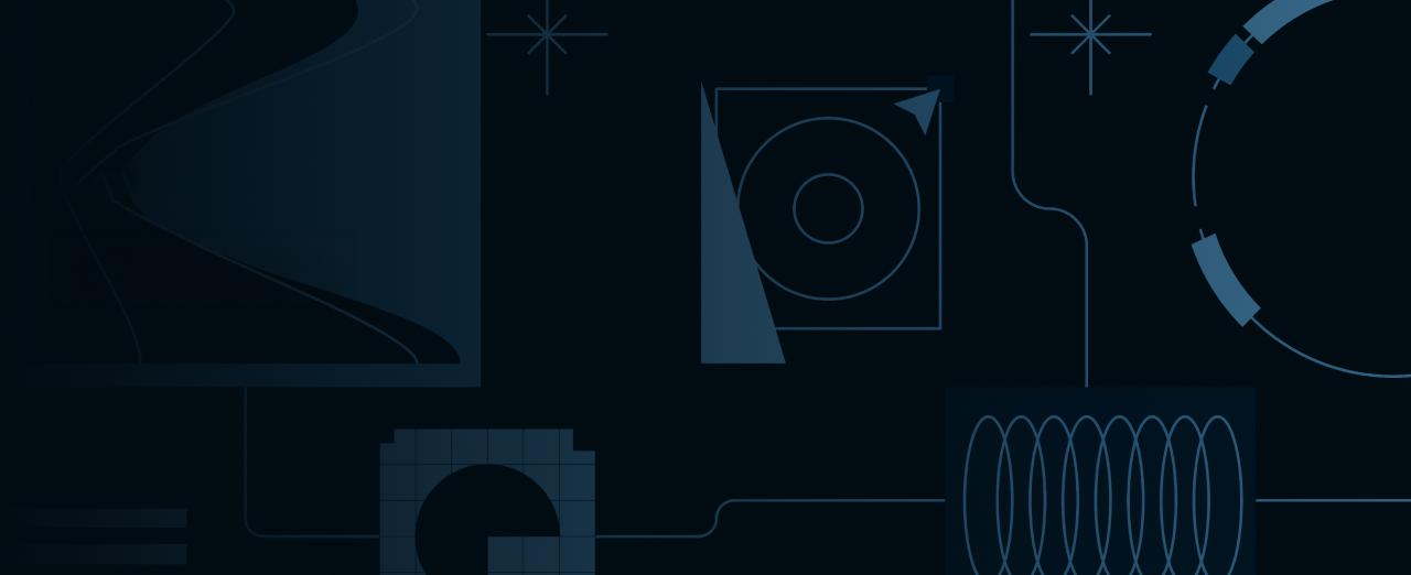 Abstract technical and geometric shapes with lines and circles on a dark blue background.