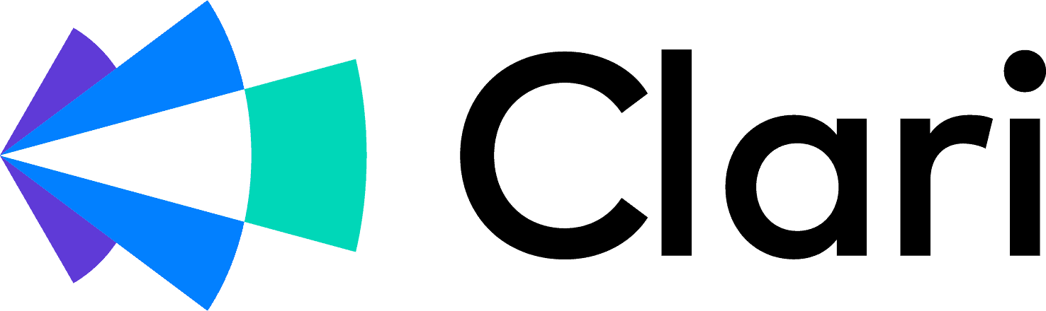 Clari company logo with overlapping blue, purple, white, and teal semi-circular shapes forming a fan design to the left of the word 'CLARI'.
