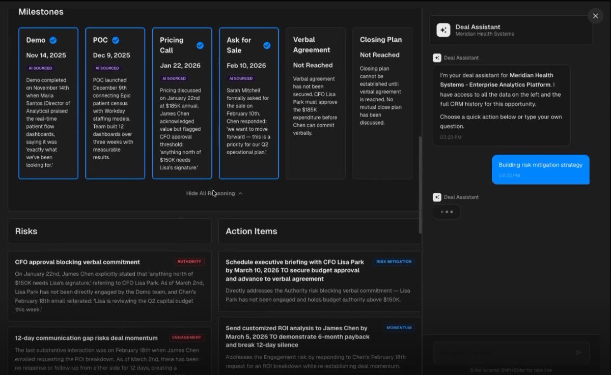 Dashboard showing project milestones with dates and statuses for Demo, POC, Pricing Call, Ask for Sale, Verbal Agreement, and Closing Plan, alongside sections for Risks and Action Items, and a chat with Deal Assistant for Meridian Health Systems.