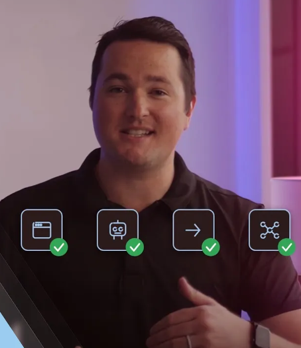 Man in black shirt smiling with four technology icons and green check marks overlayed.