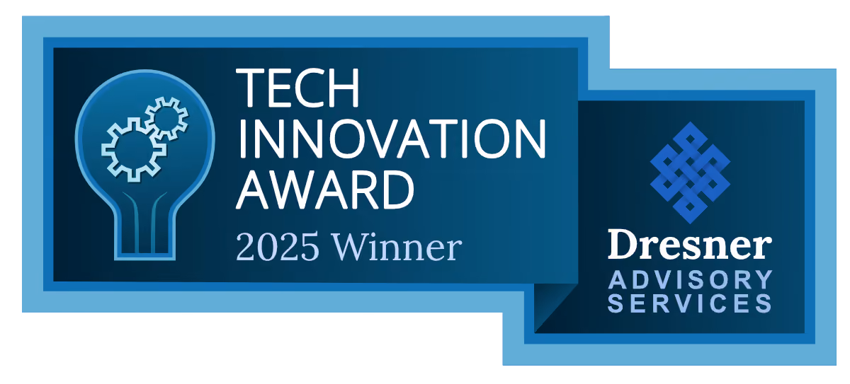 Tech Innovation Award 2025 Winner badge with gear lightbulb icon and Dresner Advisory Services logo.