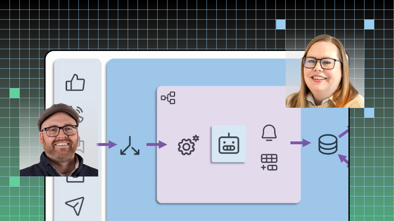 Diagram of workflow icons with two smiling people overlayed on the left and right sides.