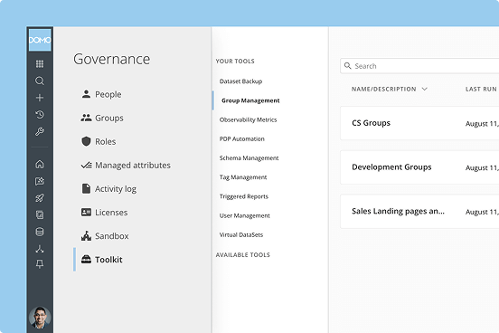 Governance dashboard with sidebar menu for managing people, groups, roles, and tools like Group Management.