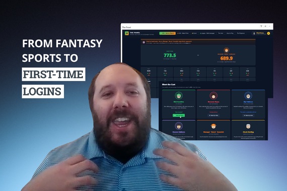Man in striped shirt gesturing; text reads 'FROM FANTASY SPORTS TO FIRST-TIME LOGINS'.
