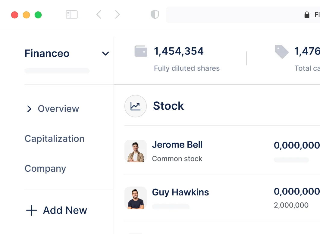 Financeo app interface showing stock overview with fully diluted shares and common stock holders Jerome Bell and Guy Hawkins.