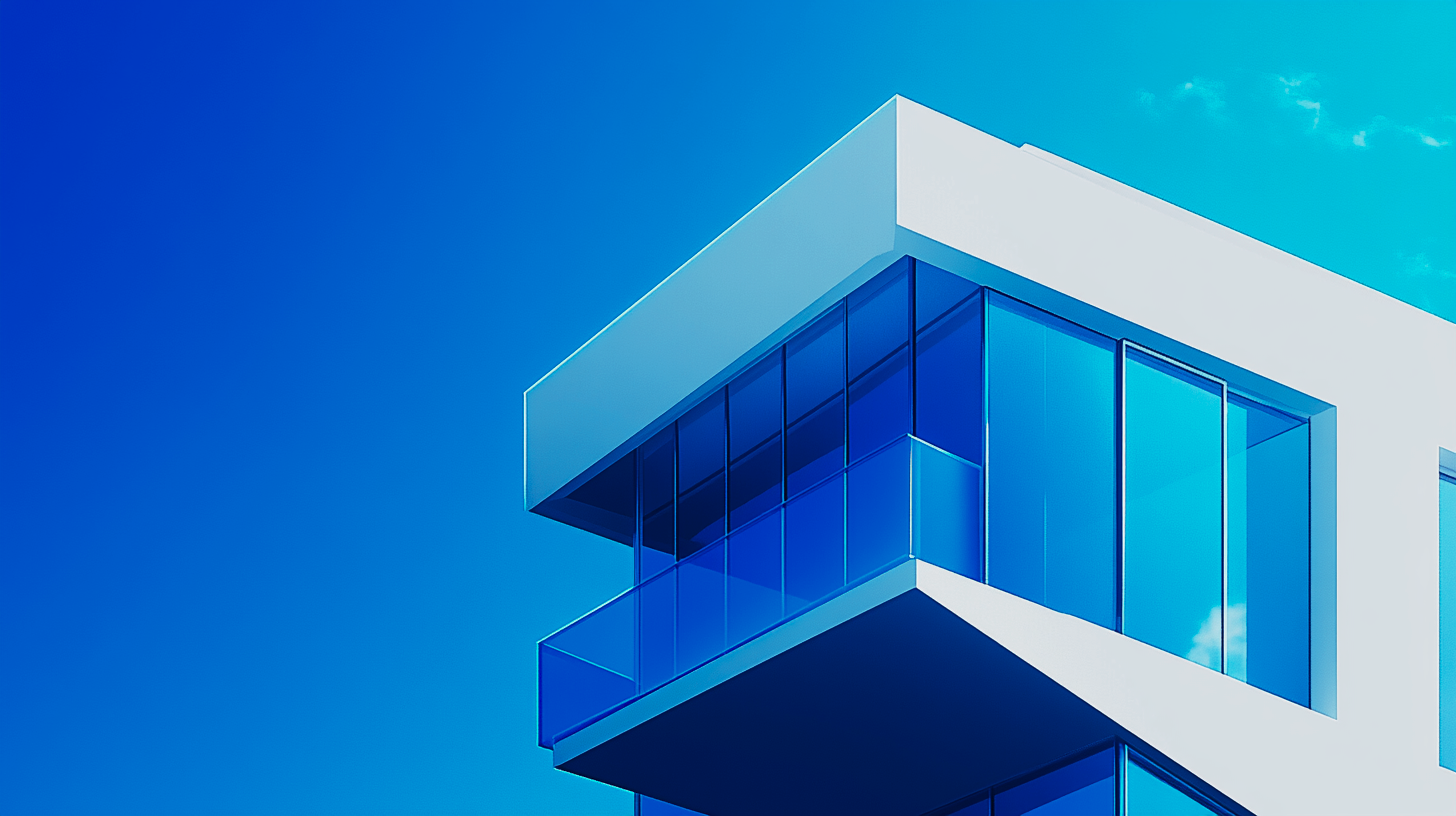 A blue and white building against a blue sky