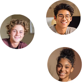 Three smiling young adults with diverse backgrounds: a blond man, an Asian man with glasses, and a woman with curly hair.