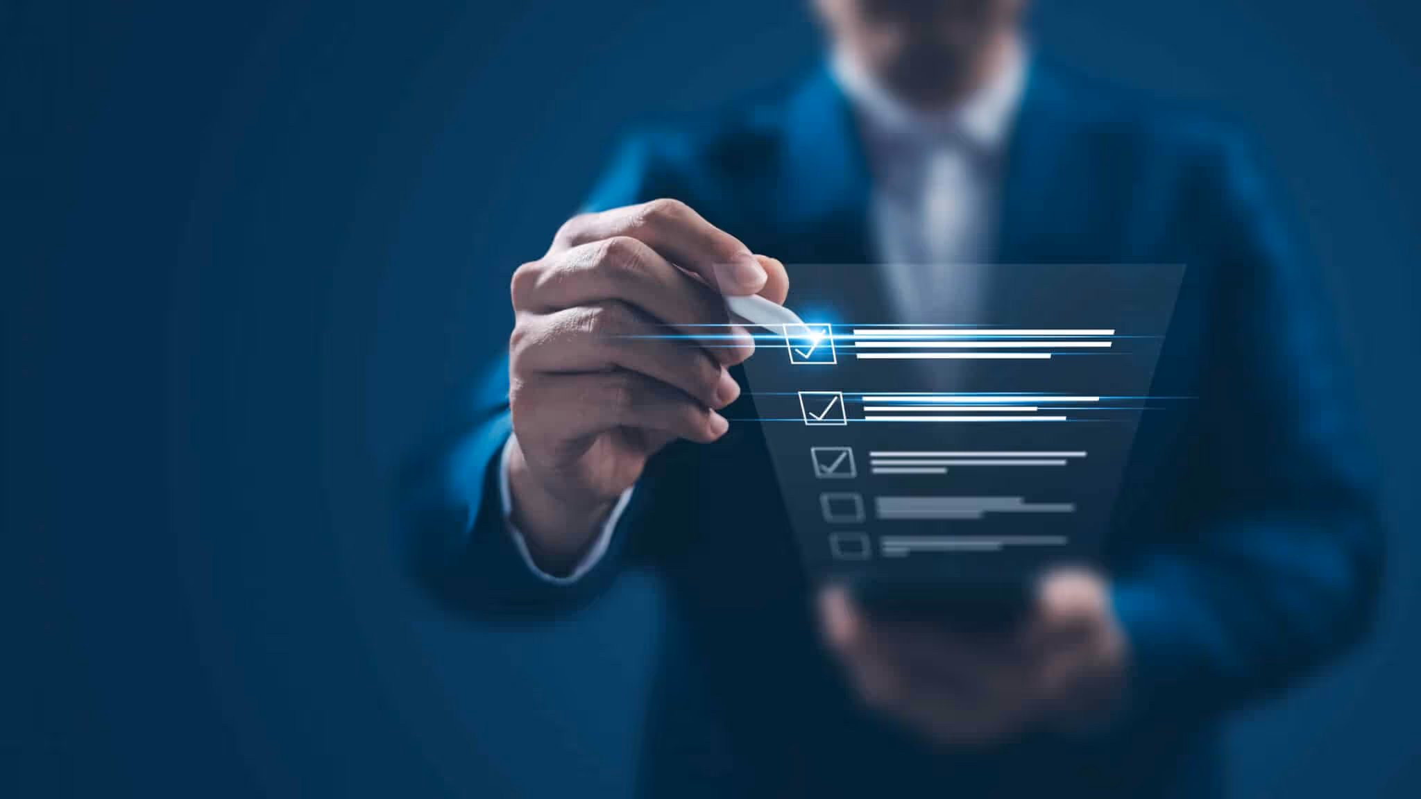 Business performance monitoring concept, businessman using smartphone Online survey filling out, digital form checklist, blue background.