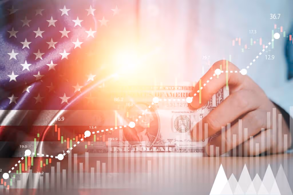 Businessman holding use banknote with USA flag and stock market graph chart for currency exchange and global trade forex concept.