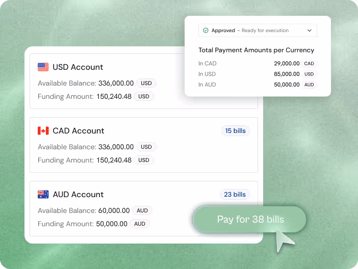 Visual of a transaction dashboard tracking multiple bulk payments, displaying approval statuses and payment progress in Finofo