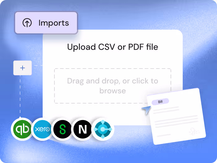 Screenshot of Finofo’s interface showing options to bulk upload supplier bills using ERP integrations, OCR, or payment files.