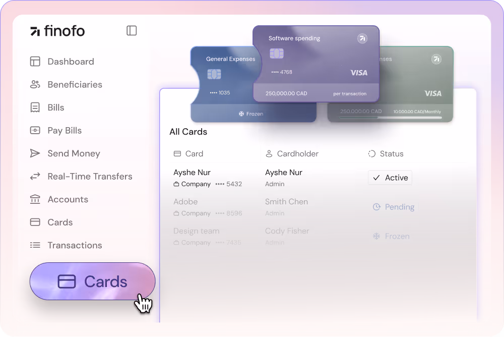 Illustration of multiple virtual corporate cards issued to team members, each with spend limits and currency labels.