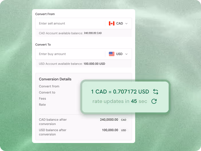 Graphic showing two-way currency flows between local accounts, such as receiving EUR and sending USD with ease.