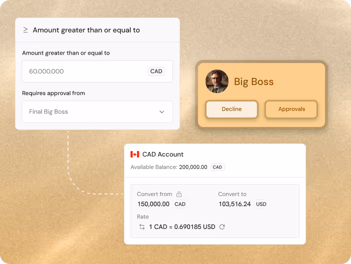 Audit trail displaying timestamped conversion records, approver names, and FX rate used, emphasizing compliance visibility.