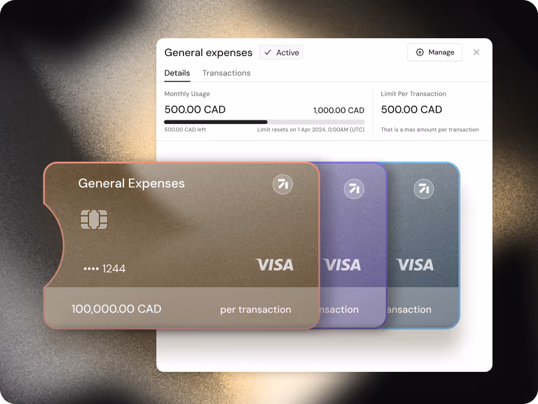 Visual of Finofo-branded corporate cards alongside a mobile app interface for expense tracking.