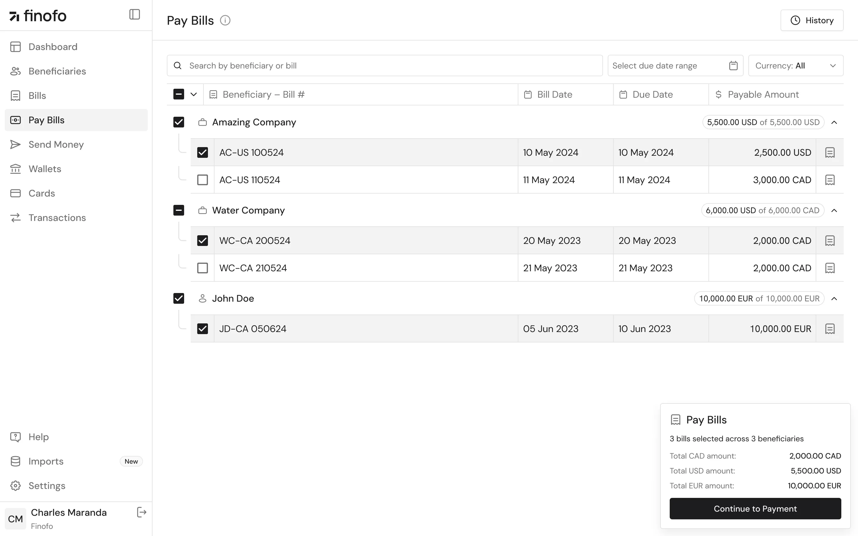 Finofo dashboard displaying the "Pay Bills" section with selected beneficiaries. The image shows selected bills for "Amazing Company," "Water Company," and "John Doe," with details including bill numbers, amounts, and due dates.