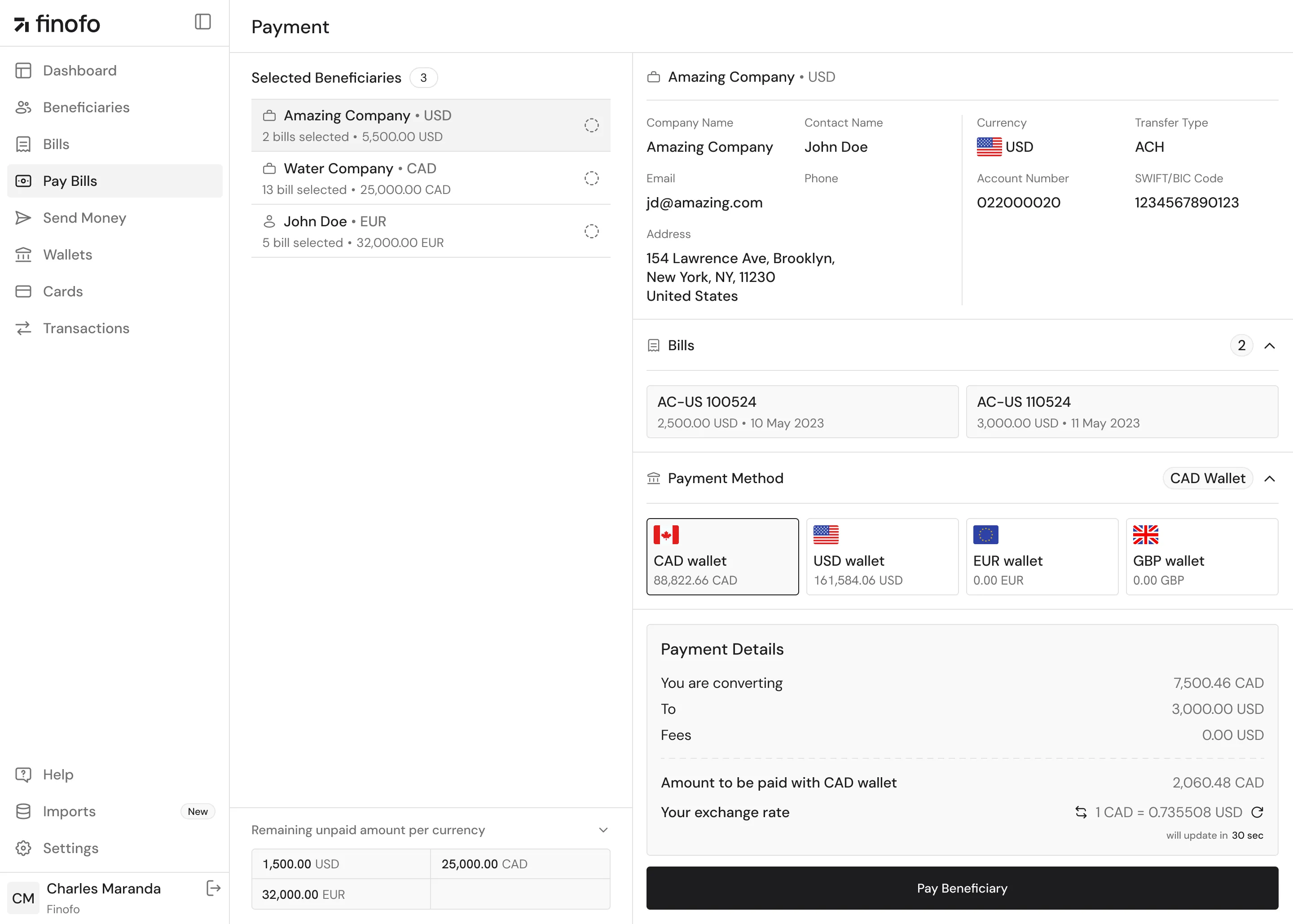 Finofo payment summary screen showing selected beneficiaries, bill details, and payment methods. The image includes a summary of bills, payment methods with CAD and USD wallets, and payment details for "Amazing Company" in USD.