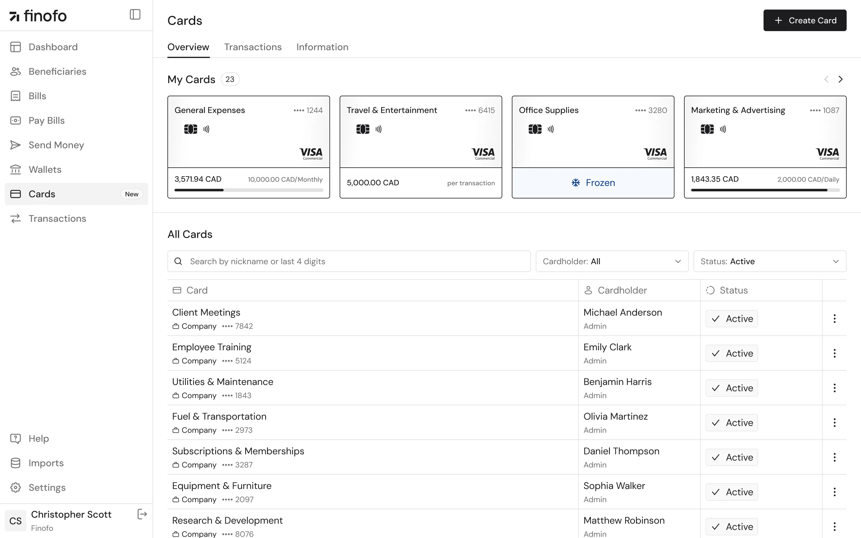 A screenshot of the Finofo dashboard showcasing the 'Cards' section. It displays various cards for different expense categories, such as General Expenses, Travel & Entertainment, Office Supplies, and Marketing & Advertising. The image shows card details, including spending limits and transaction statuses. The left sidebar includes options like Dashboard, Beneficiaries, Bills, Pay Bills, Send Money, Wallets, Cards, Transactions, and Settings.