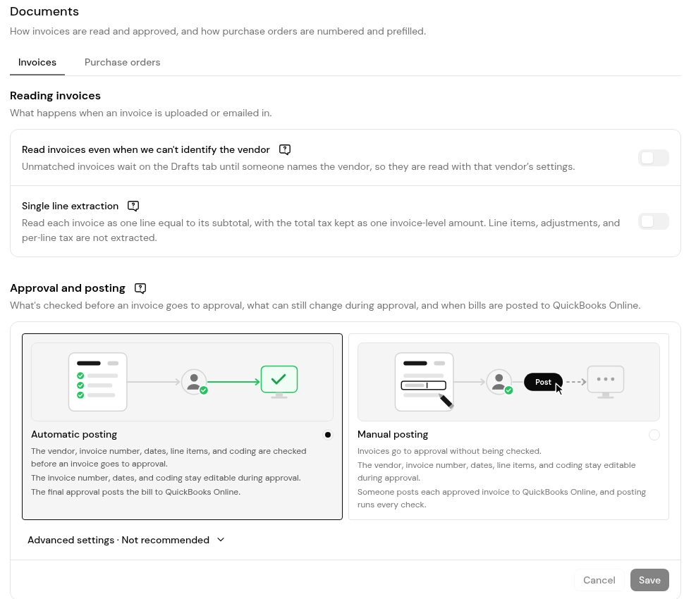 Settings > Documents, Invoices tab, with the choice between Automatic posting and Manual posting.