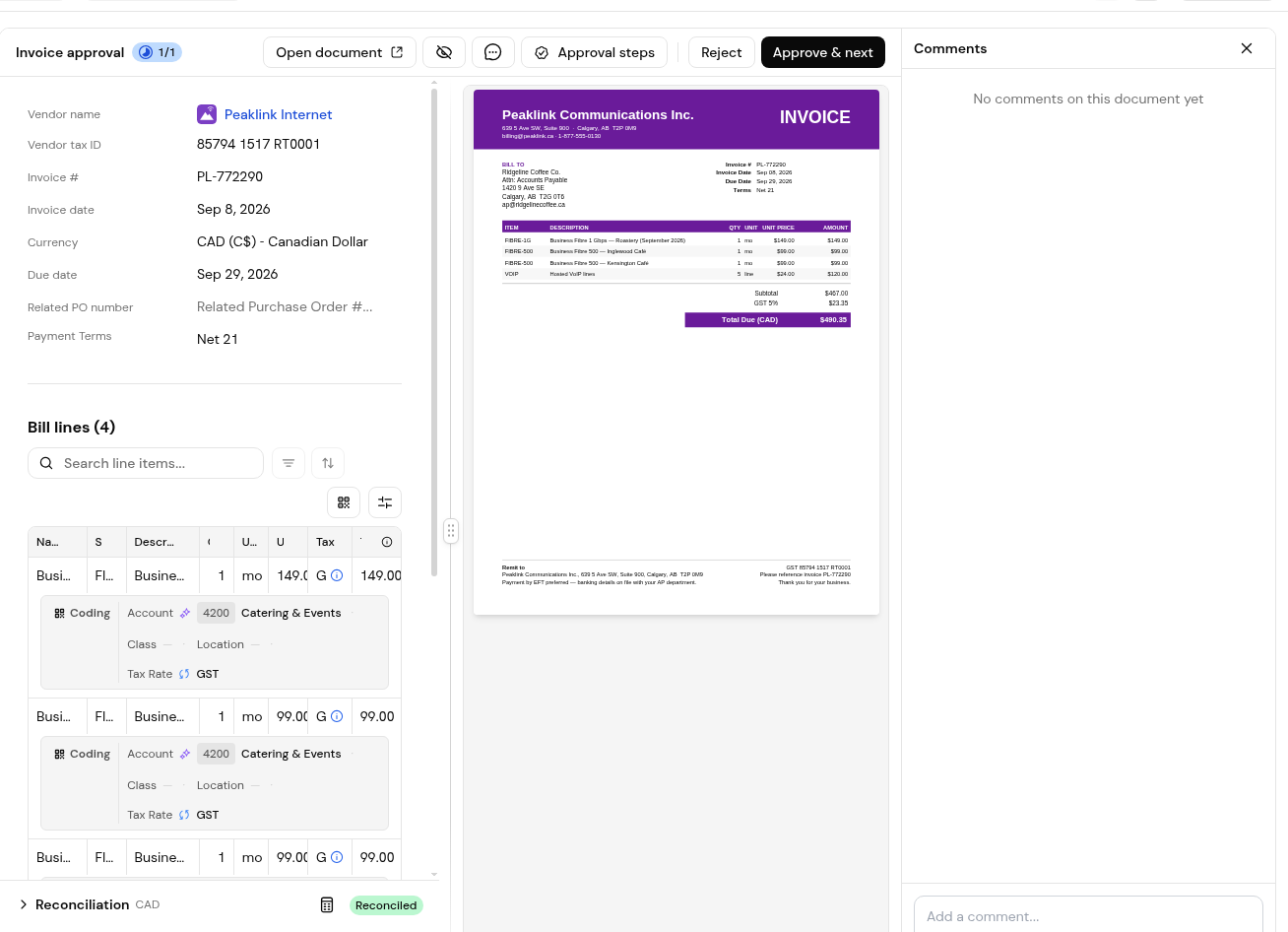 An invoice waiting for approval in My tasks, beside its PDF, with Approval steps, Reject and Approve & next.
