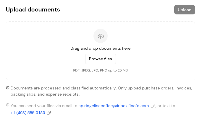 The Upload documents page, with the drop zone, supported file types, and the workspace email address and text number.