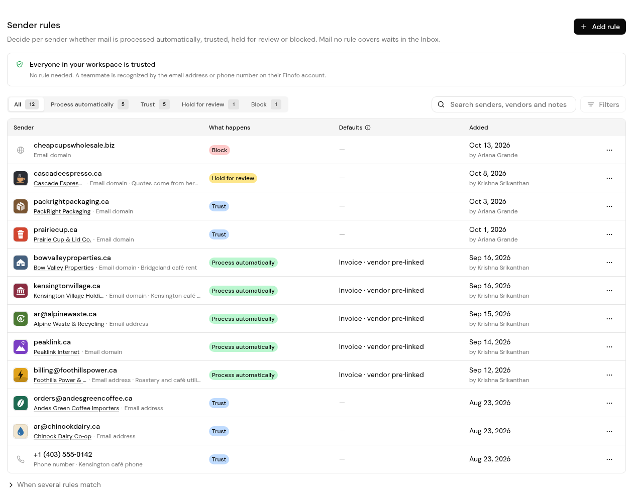 Settings > Inbox > Sender rules: rule tabs with counts, and rules by address, domain and phone number.