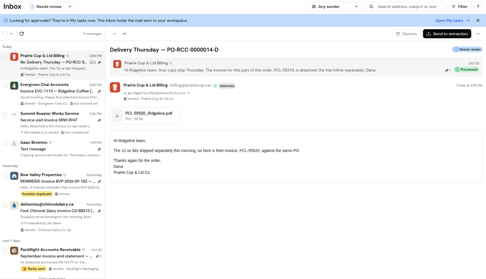 The Inbox, Needs review view: messages with reason chips, and an open message with its attachment, Dismiss and Send to extraction.
